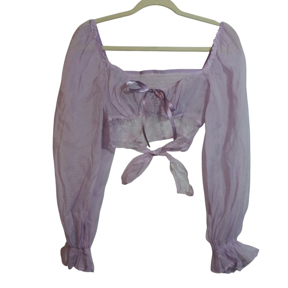 Sheer Lavender Long Sleeve Tie-Back Lace Crop Fairy Festival Top Size Small